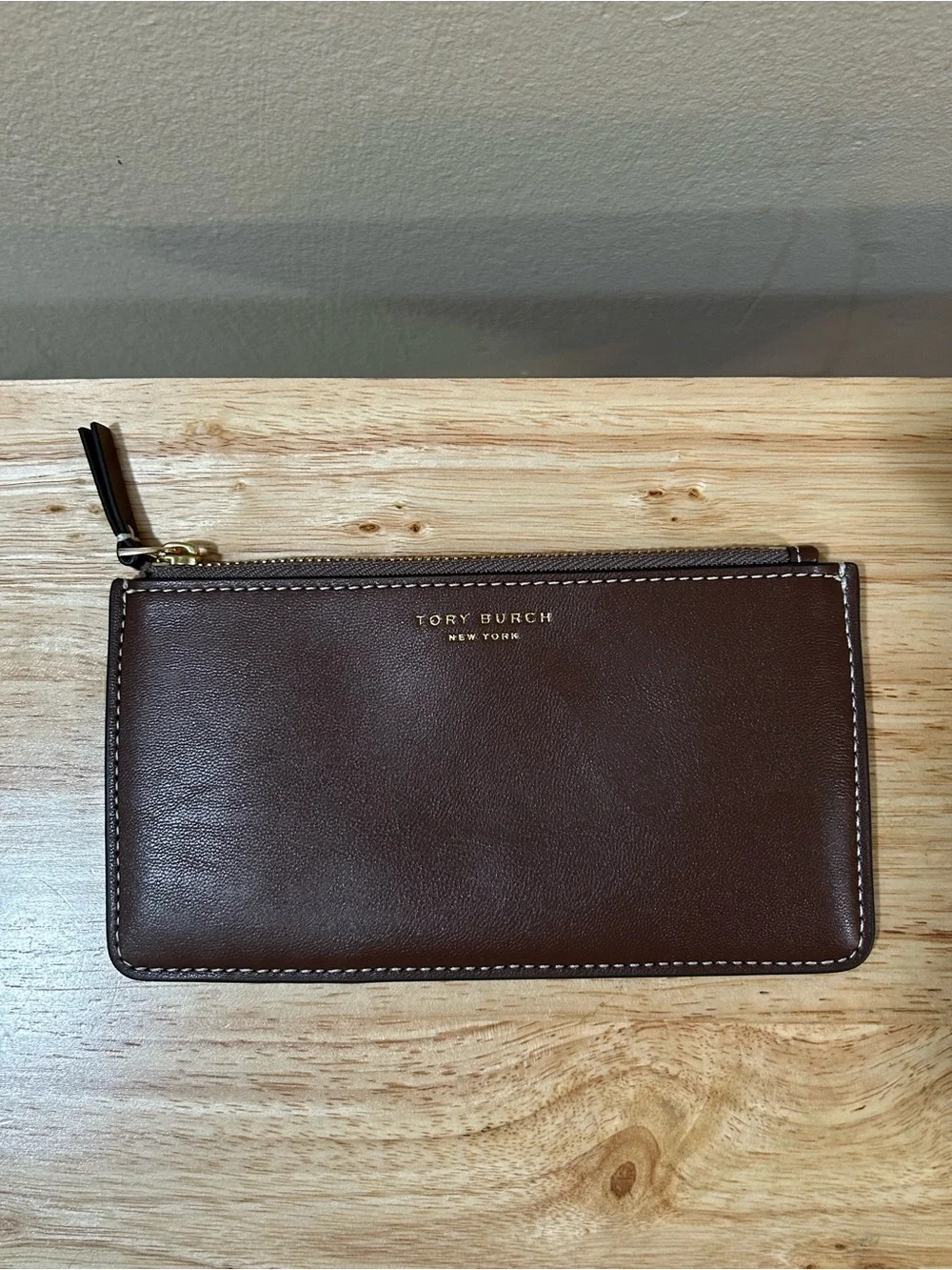 Tory Burch Dark Brown Leather Zip Card Case with Gold Logo